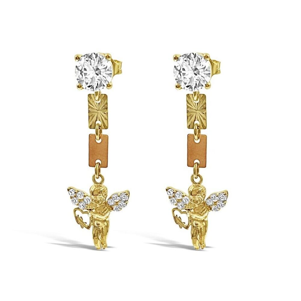 14k Yellow Rose Gold Angel Drop Dangle Stud Earrings